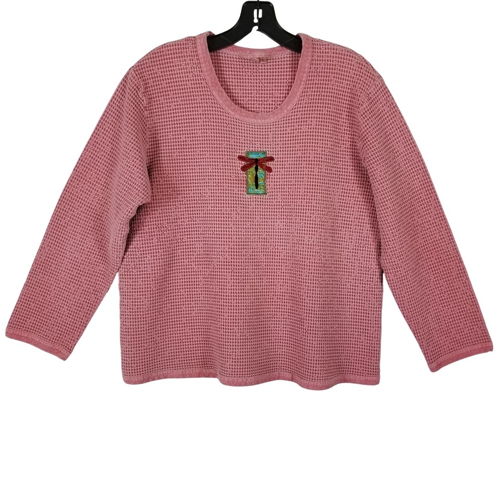 Focus Womens Pink Waffle Knit Cotton Dragonfly Embroidered Top Large Long Sleeve